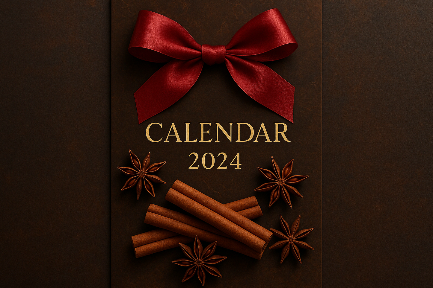 i like the 2 generated images, now let merge the details to get something great! The font is better in the first image created, the written information should remain on the cover too. the bow looks nice in the 2 nd attemops but id like to try it in red color. lets keep the cinnamon stickck and just add an anis etoile too. calendar must be in vertical . make this elegant, sphisticated 
