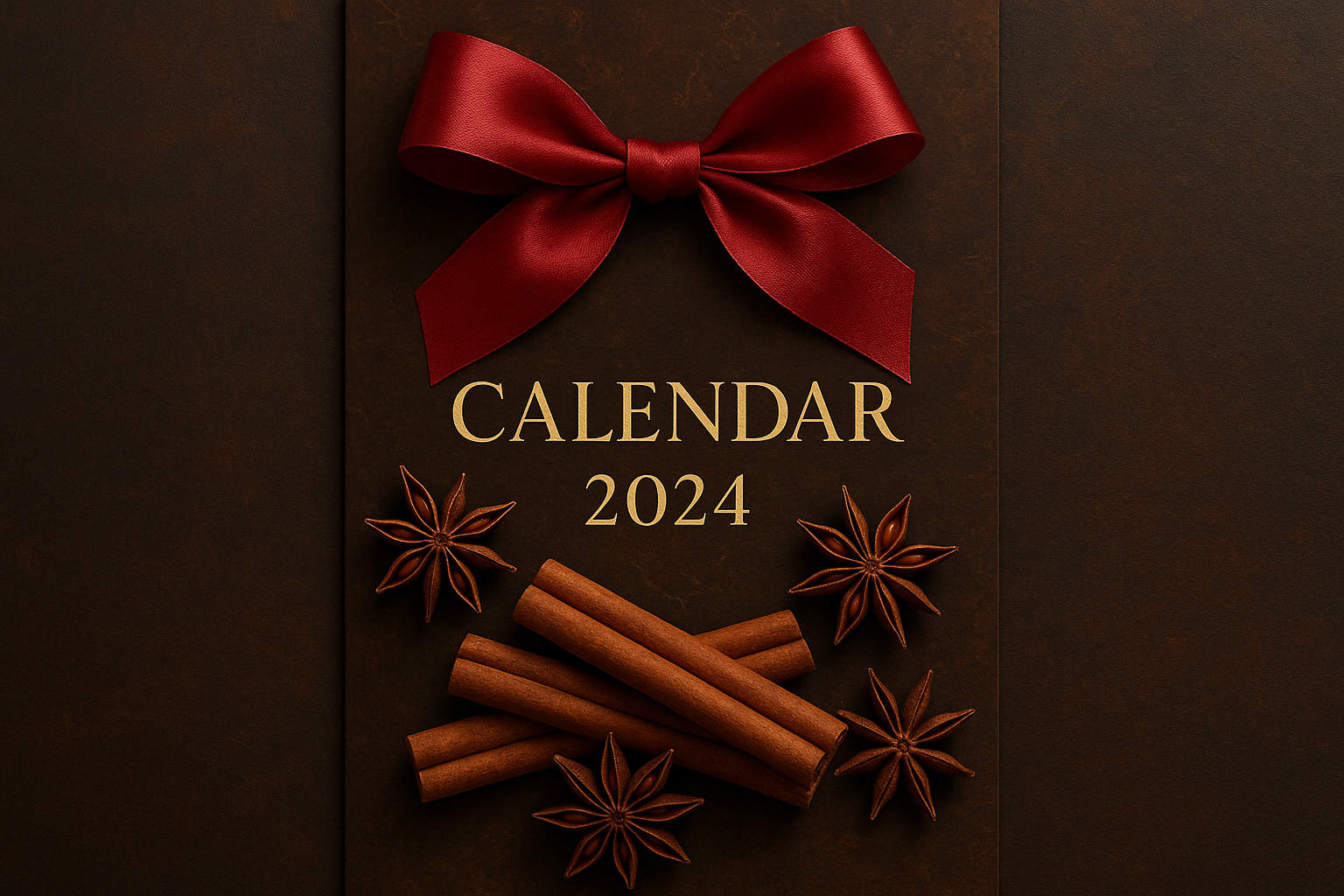 i like the 2 generated images, now let merge the details to get something great! The font is better in the first image created, the written information should remain on the cover too. the bow looks nice in the 2 nd attemops but id like to try it in red color. lets keep the cinnamon stickck and just add an anis etoile too. calendar must be in vertical . make this elegant, sphisticated 